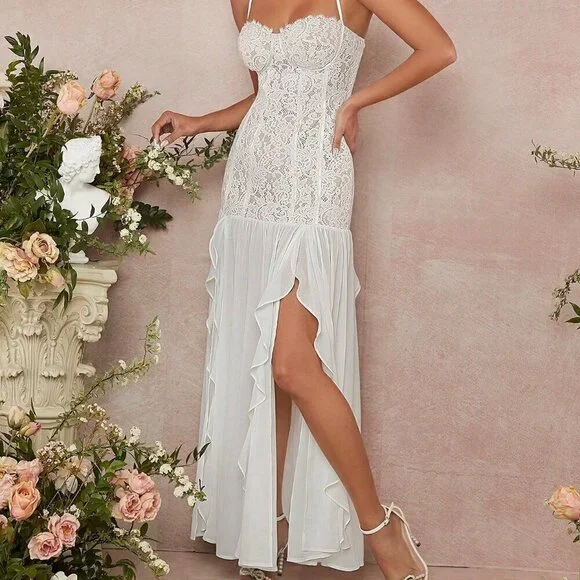 White Preppy Women's Lace Bustier Split Thigh Ruffle Maxi Dress - Picture 5 of 6
